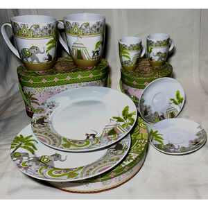 Wooster & Prince Mugs Plates Espresso Cups Saucers Set Elephant Monkey Circus